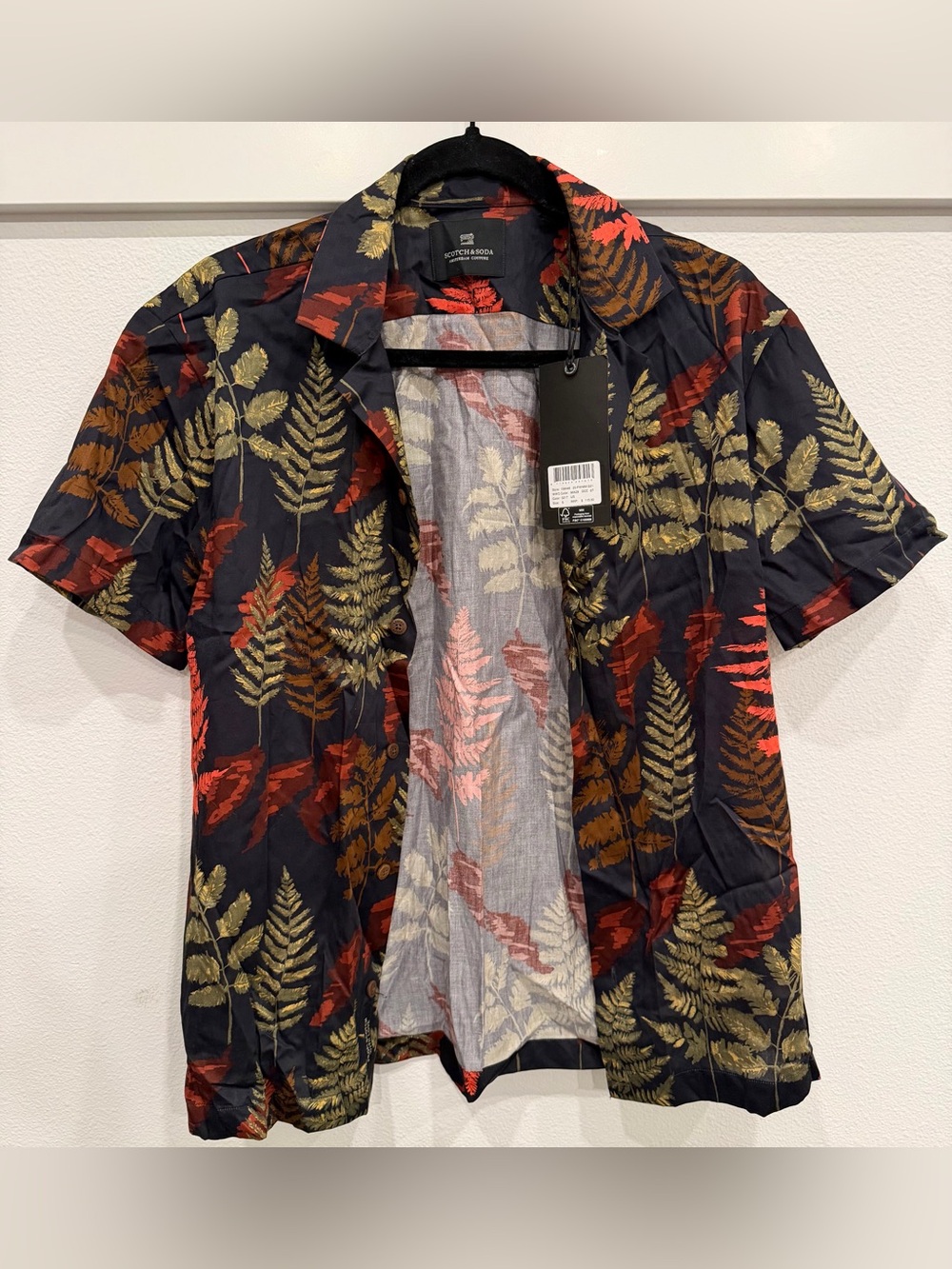 NEW! Scotch & Soda Black Short-Sleeve Shirt Jacket with Red & Olive Leaf Print